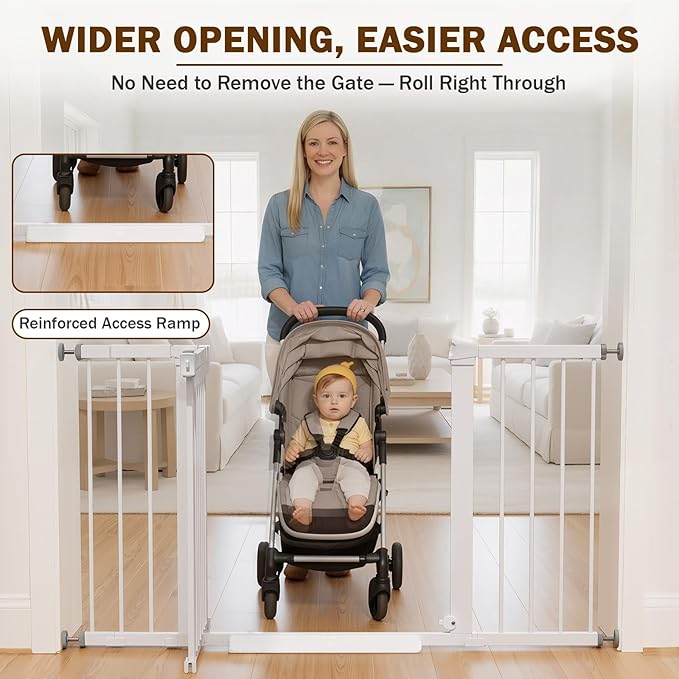 Mumeasy 29.7–51 Inch Extra Wide Baby Gate for Stairs, Extra Long Indoor Dog Gate for Doorways, Pressure Mounted Walk Thru Child Gate with Auto-Close, No-Drill Safety Pet Gate with Door for House,White