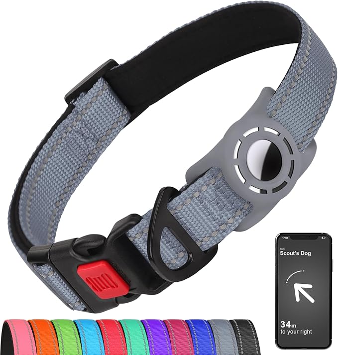 Airtag Dog Collar with AirTag Holder for Large Dogs, Reflective, Soft Padded & Safety Locking Buckle, Nylon Pet Collars Adjustable for All Breeds, Grey,XL
