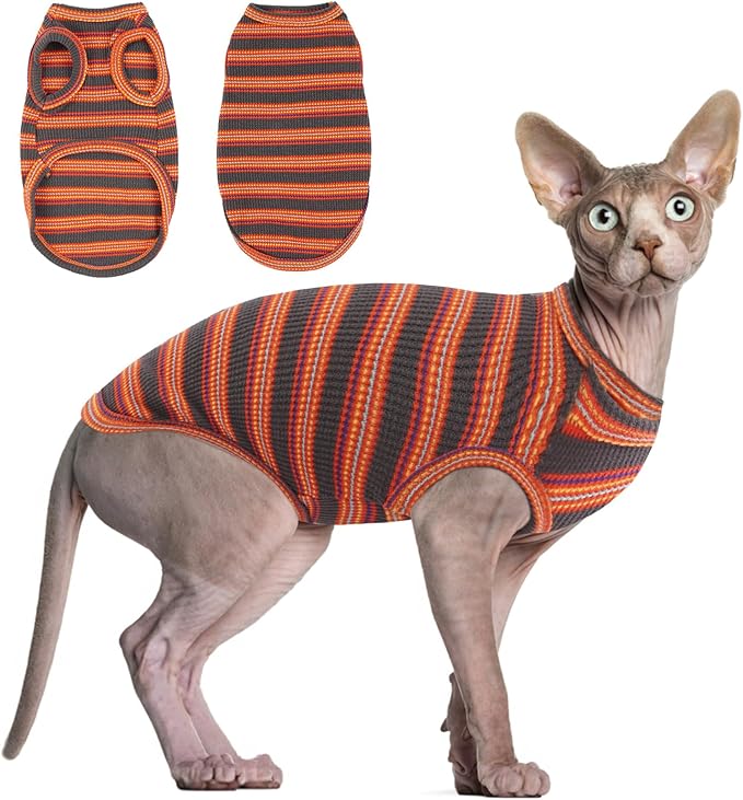 BRKURLEG Sphynx Hairless Cats Shirt Puppy Clothes Soft Cotton T-Shirts Cute Cats Pajamas Cat Stripes Vest Pet Sweater, Round Collar Vest Kitten Shirts(Red Stripes, M)