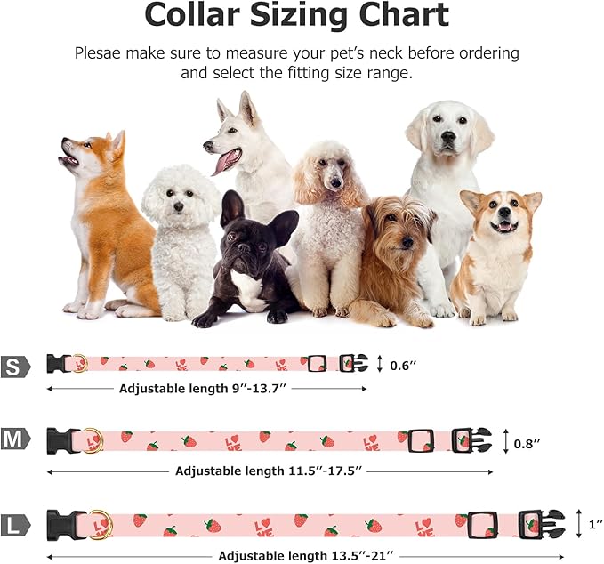Cotton Handmade Dog Collar Cute and Distinctive Patterns Pink Strawberries with Pendant for Girl Boy Dogs Collars L