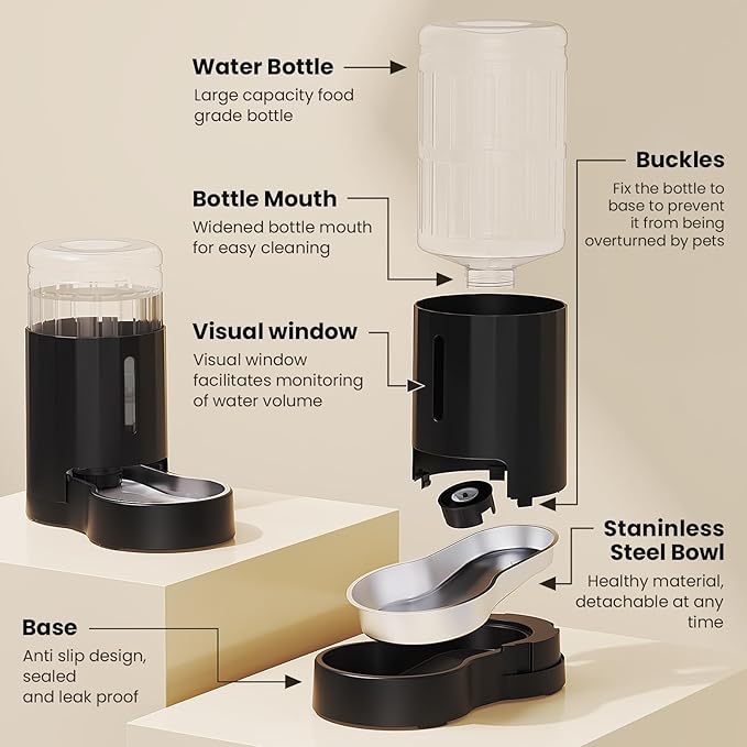 CZPET Dog Water Bowl Dispenser, 7L Automatic Dog and Cat Water Dispenser with Stainless Steel Bowl, Gravity Waterer, Large Capacity, and Quiet Drinking Area for Pets (7L,Black)