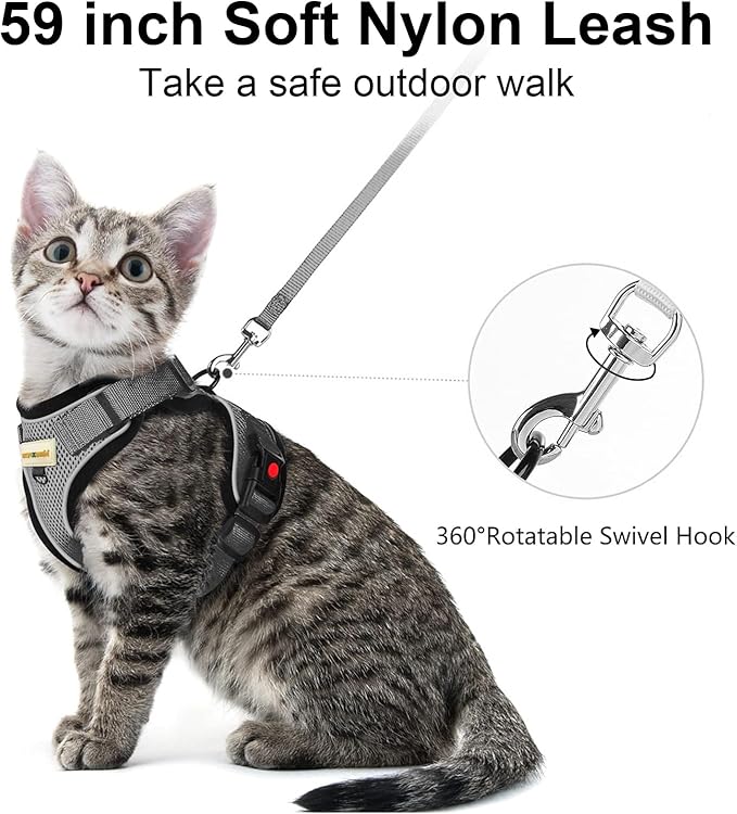 Cat Harness and Leash for Walking, Retractable Cat Harnesses and Leash Set Escape Proof, Breathable Soft Kitten Small Large Harness for Travel Training and Walking, Grey, M
