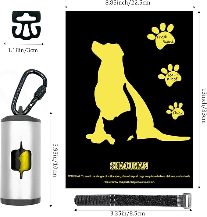 Metal Dog Poop Bag Holder w/Leash Clip|Durable Scratch-Resistant Aluminum|15 Bags+3 Accessories(Silver)