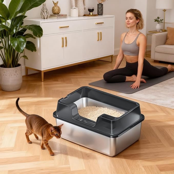 Stainless Steel Litter Box, XL Enclosed Cat Litter Boxes with Lid for Big Cats and Multi-Cats, High Sided, Anti-Urine Leakage Non-Stick Bottom Include Scoop Easy to Clean