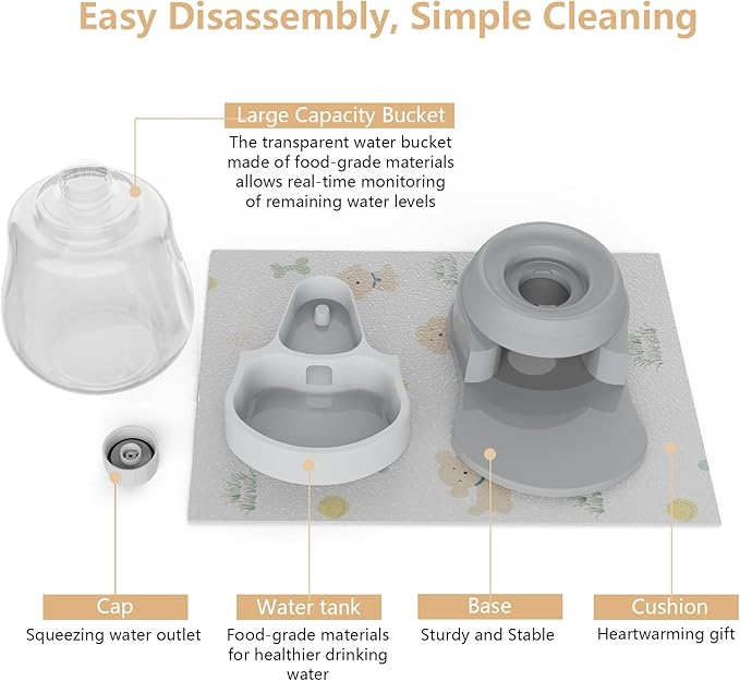 1 Gallon Automatic Dog Water Dispenser, Premium Large Capacity Gravity Pet Water Bowl with Non-Slip Mat for Multiple Pets, BPA-Free Cat Water Feeder for Large Dogs, Refill Less Often, Grey