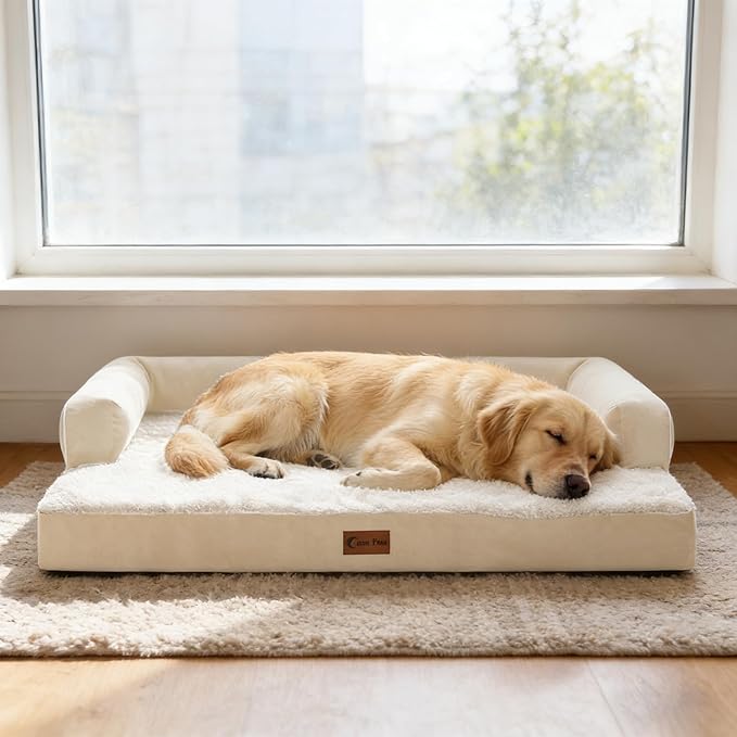 Orthopedic Dog Beds for Extra Large Dogs, Waterproof Egg Crate Foam XL Dog Bed with Sides 41x27Inch, Washable Big Dogs Couch Beds with Removable Cover and Nonskid Bottom, Beige