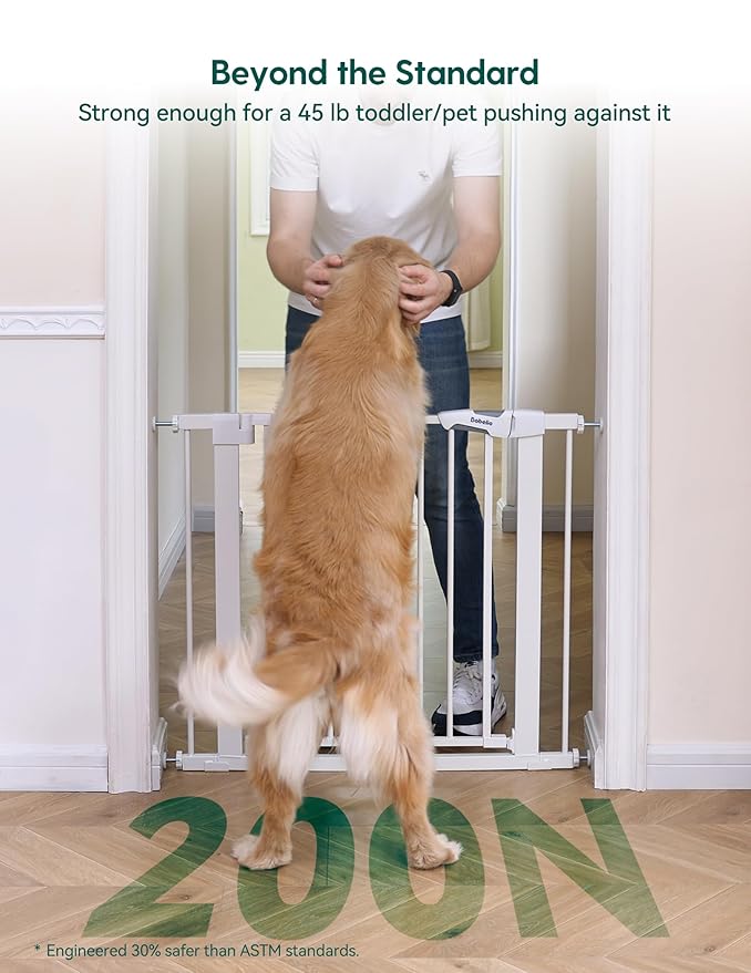Babelio 36" Tall Baby Gate, PressGuard P7, 29-55" Auto Close Pressure Mounted Dog Gate for Doorways & Hallway, Basics Easy Walk Thru Pet Gate, Extra Wide Metal Child Gate, White