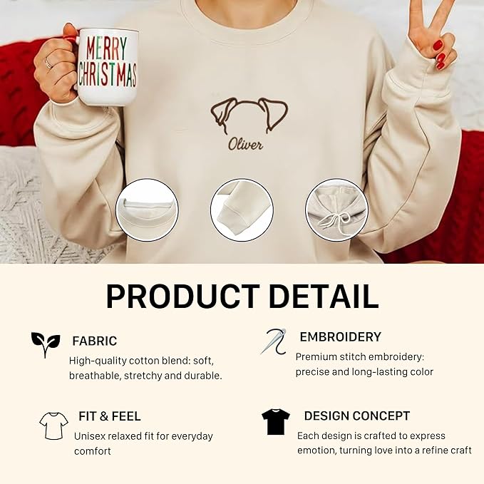 VIOLAVA Custom Cat Embroidered Christmas Sweatshirt – Personalized Pet Name Holiday Crewneck, Festive Gift for Cat Lovers