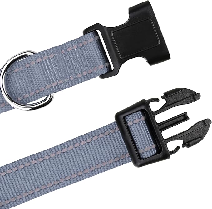 TagME Reflective Nylon Dog Collars, Adjustable Classic Pet Collar with Quick Release Buckle for Extra Large Dogs, Grey, 1¼"Width