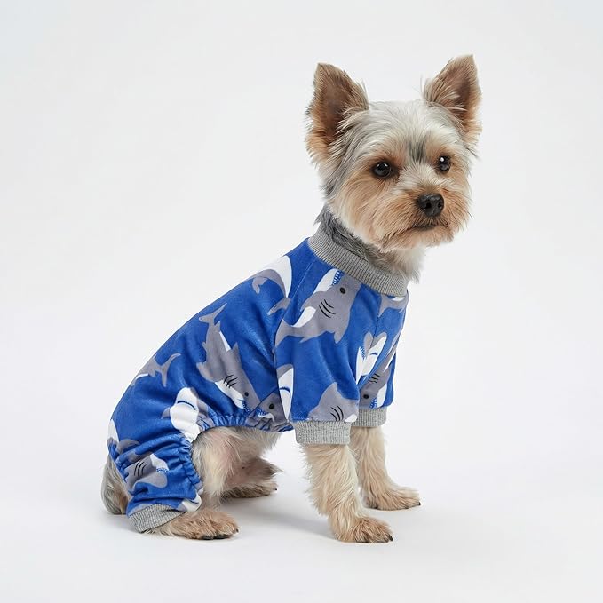 Fitwarm Shark Dog Pajamas, Dog Clothes for Small Dogs Girl Boy, Pet Onesie with Feet, Cat Outfit, Lightweight Velvet, Royal Blue, XL