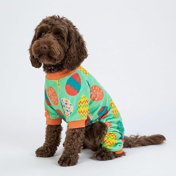 Fitwarm Easter Egg Dog Pajamas, Holiday Dog Clothes for Small Dogs Girl Boy, Pet Easter Outfit, Puppy Cat Onesie, Lightweight Velvet, Light Green, Orange, Large