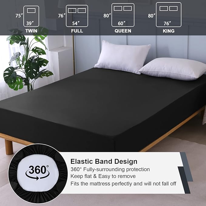 Waterproof Mattress Protector Queen, Fitted Sheet Style Breathable Mattress Cover with Deep Pocket Fits Up to 18'', Machine Washable Noiseless Bed Cover for Kids Adults Pets (Black, 60'' X 80'')