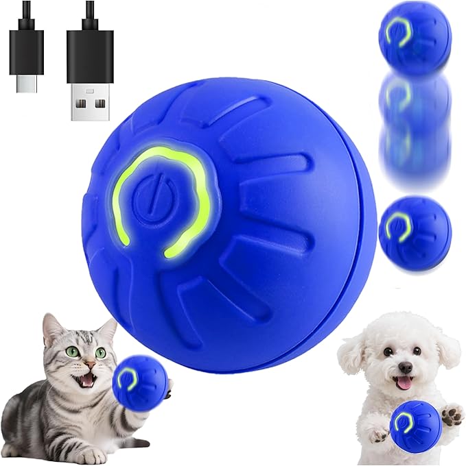 BIONEMAGILI Interactive Self-Moving Pet Toy Ball - Motion-Activated Auto Rolling, Military-Grade Chew Resistant, USB-C Rechargeable for Small Dogs & Cats (Blue, Small/Medium Sizes)