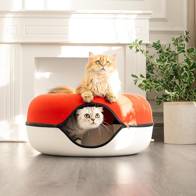 Cattasaurus Peekaboo Cat Cave Donut for Multiple & Large Cats up to 30-45 lbs, 3-in-1 Self Warming Cat Bed, Tunnel & Scratcher for Indoor Cats, Washable & Detachable Dog Bed (Ruby Snowball, Large)