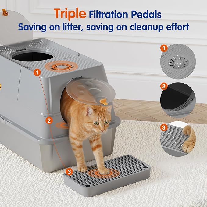 Stainless Steel Litter Box with Lid, XL Extra Large Cat Litter Box Enclosure, Front & Top Entry Covered Metal Cat Box with Steps & Scoop, Easy Cleaning