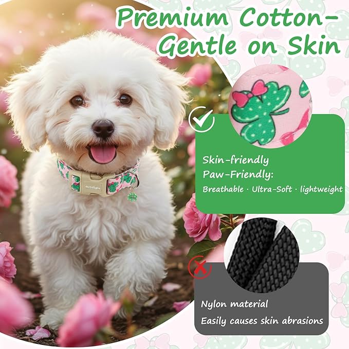 St. Patrick's Day Dog Collar,Pink Bow with Lucky Shamrock Puppy Collar,Adjustable Spring Cotton Collars Gifts for Small Medium Large Dogs,Dog Accessories XS