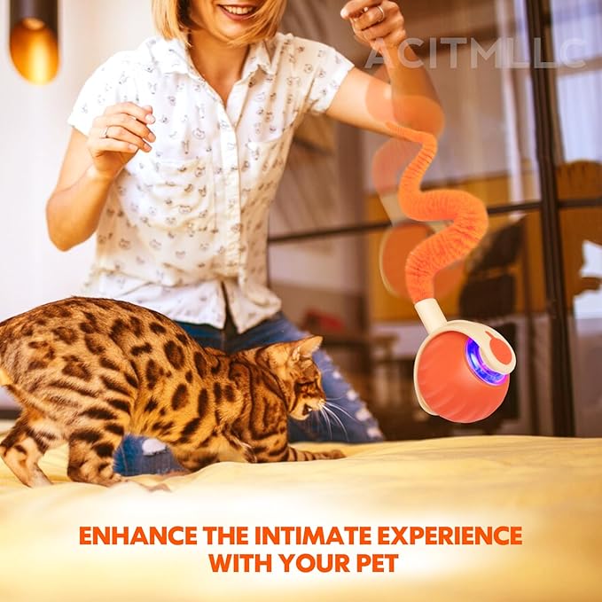 Interactive Dog Cat Ball Toy, Automatic Moving Cat Toy with Feather Tail, Electric Pet Smart Chase Ball Rechargeable, Silicone Material, for Puppy Kitten (Green)