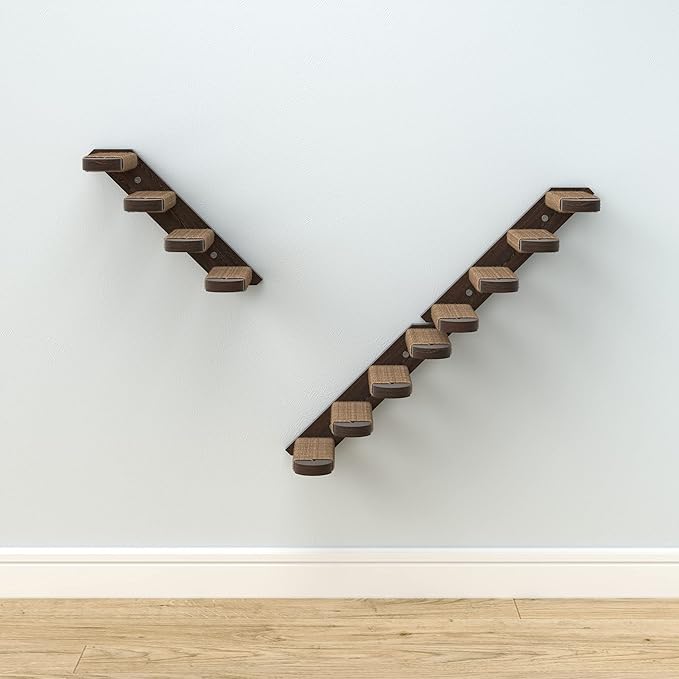 Skywin Cat Steps - Solid Rubber Wood Cat Stairs Great for Scratching and Climbing - Easy to Install Wall Mounted Cats Shelves for Playful Cats (Brown, Left to Right)