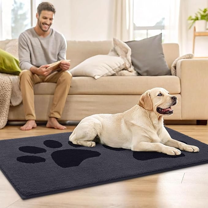 Buganda Dog Door Mat for Muddy Paws, Absorbent Dirt Trapper Washable Indoor Doormats, Non Slip Low-Profile Mud Mat for Dogs, Front Entrance Doormat for Inside Floor (30x20 Inches, Black)