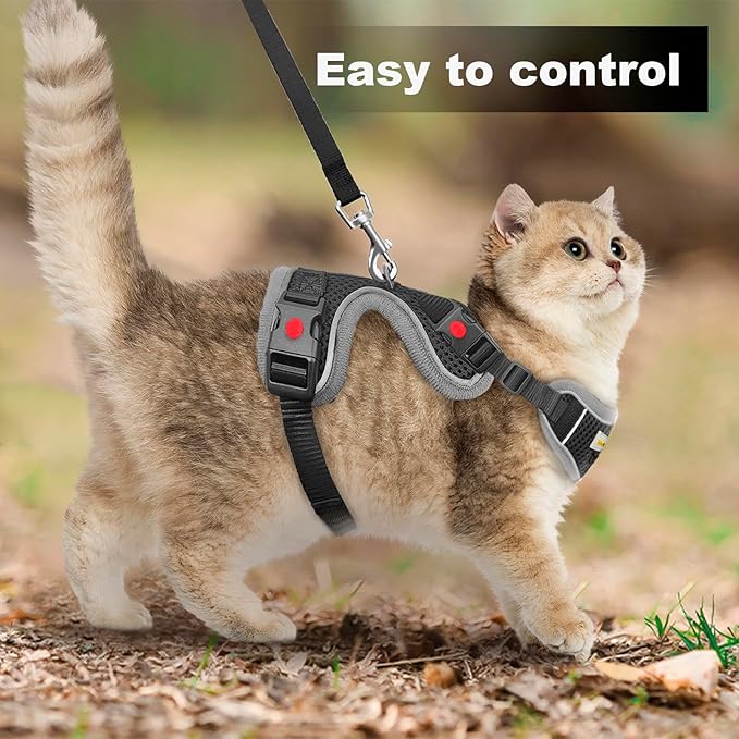Cat Harness and Leash for Walking, Retractable Cat Harnesses and Leash Set Escape Proof, Breathable Soft Kitten Small Large Harness for Travel Training and Walking, Black, S