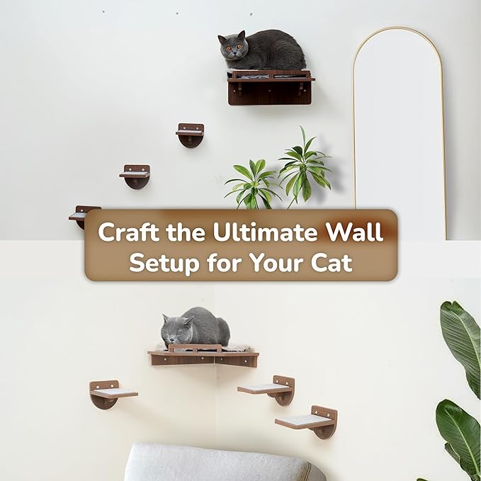 [Ready to Gift] PURRHOUSE 45LBS Capacity Cat Window Perch with Bolster, Hammock Seat with Premium Plywood & Metal Frame, Window Bed for Indoor Cats & Kittens (Walnut, Cat Wall Steps)