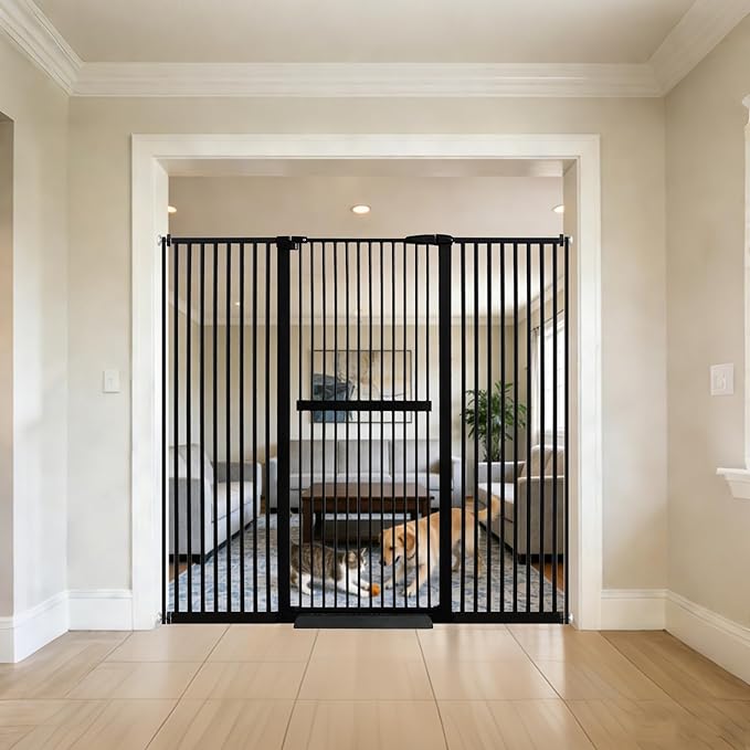 Lumizone Extra Tall Cat Gate 61.02" High Pressure Mounted Extra Wide 63.39"-67.32" (17Sizes) 1.37" Gap No Drilling Auto-Close Tall Pet Gate for Dogs (Black, 63.39"-67.32" W)