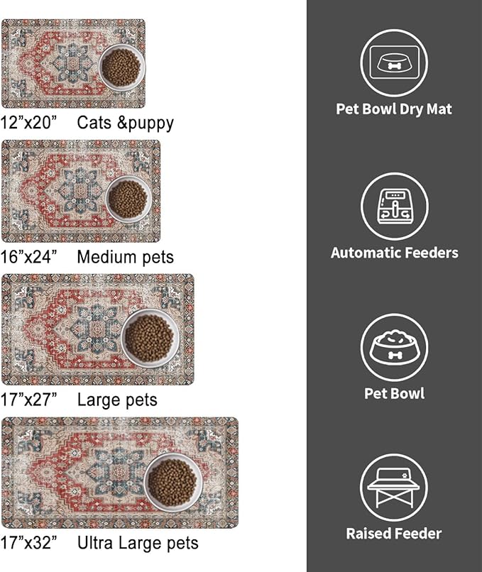 Dog Food Mats for Floors, Absorbent and Quick-Drying Pet Cat Food Mat,Anti-Fouling and Easy-to-Clean Pet Feeding Mat,Dog Bowl Mat for Messy Drinking Water Bowls.16 x24, Bohemia Style