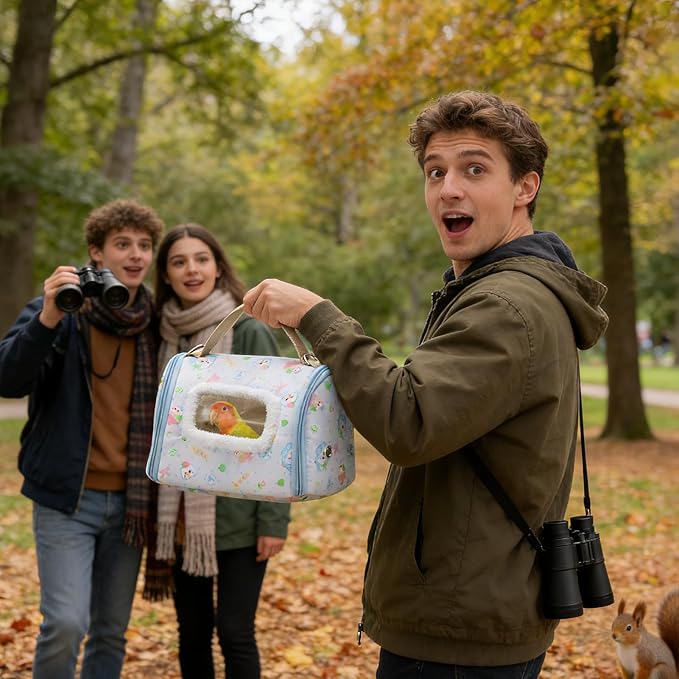 Bird Travel Carrier - 450g Lightweight Parrot Transport Box, Warm Velvet Cage with Clear Viewing Window, Safe Stainless Steel Hardware | for Parakeets, Cockatiels, Canaries, Outdoor Hiking Trips