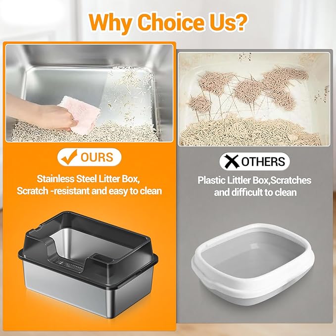 Stainless Steel Litter Box, XL Enclosed Cat Litter Boxes with Lid for Big Cats and Multi-Cats, High Sided, Anti-Urine Leakage Non-Stick Bottom Include Scoop Easy to Clean