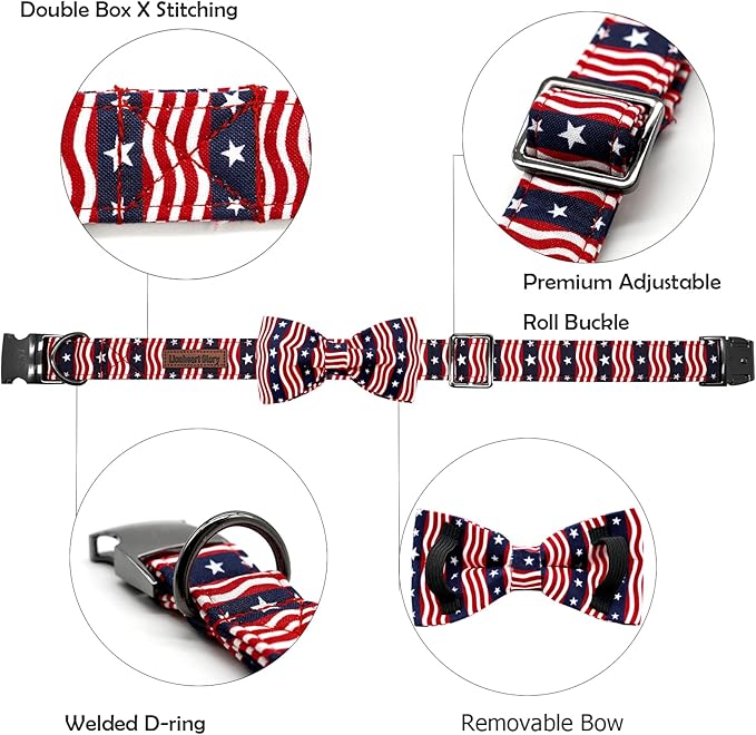 Lionheart glory American Flag Dog Collar, 4 of July Dog Bow Collar Heavy Duty Adjustable Patriotic Dog Collar with Bowtie for Medium Dogs Pet Gift