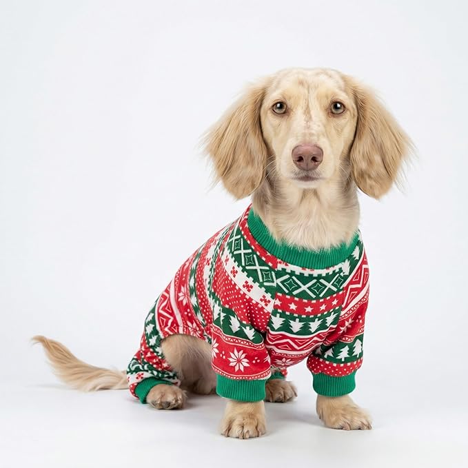 Fitwarm Dog Christmas Outfit, Dog Pajamas, Dog Winter Clothes for Small Dogs Boy Girl, Pet Ugly Sweater, Cat Costume, Red Green, Large
