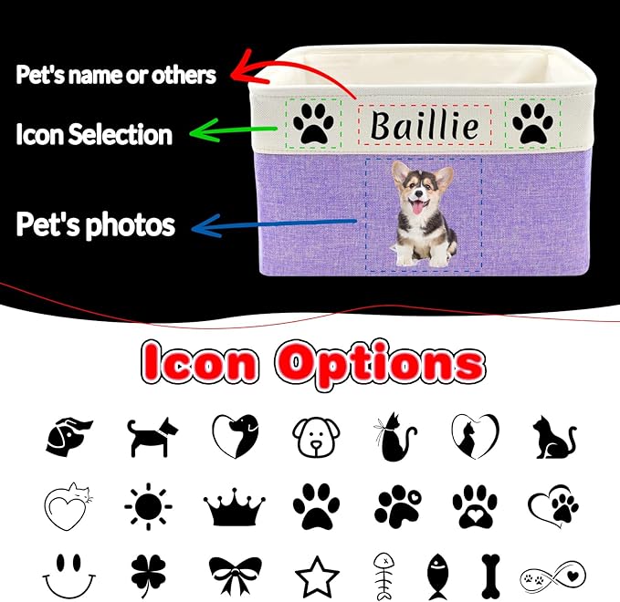 Personalized Dog Toy Storage Basket Custom Dog Name Photo Cat Pet's Gift Baskets Collapsible Organizer Box Foldable Storage Basket with Handle for Toys, Coats, Clothing, Blankets, Pink