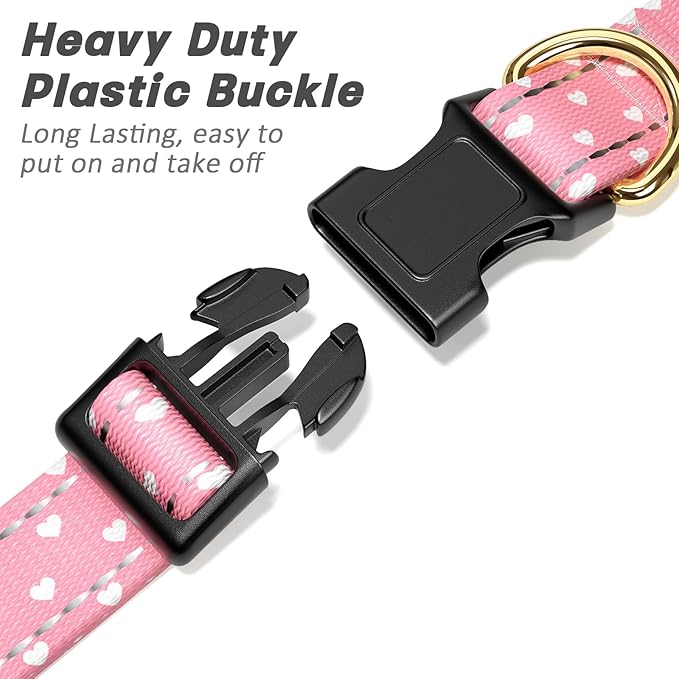 Reflective Dog Collar for Large Dogs, Cute Adjustable Heavy-Duty Nylon Puppy Collars for Boy and Girl Female, Soft Pet Accessories with Quick Release Buckle, Neck 16-24", Pink Hearts