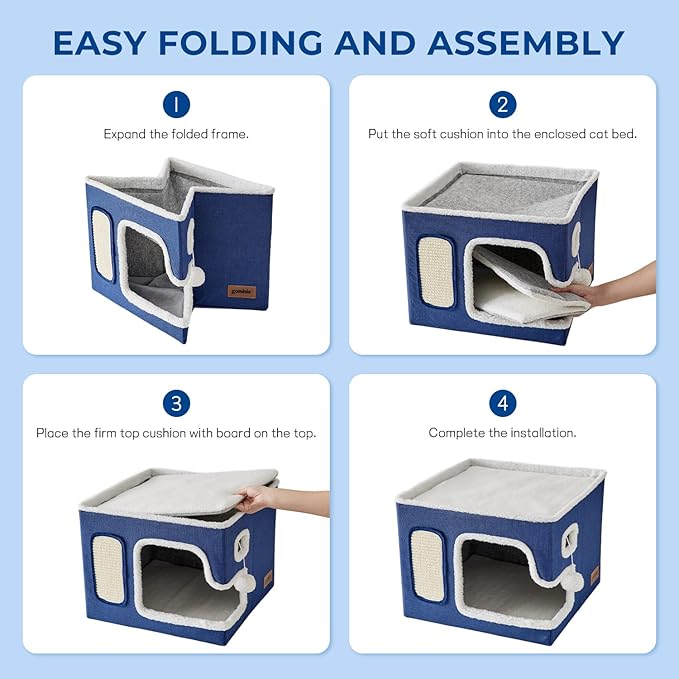 Cat Beds for Indoor Cats - Large Cat House for Pet with Fluffy Ball Hanging and Scratch Pad, Foldable Cat Hideaway,16.5x16.5x13 inches, Navy