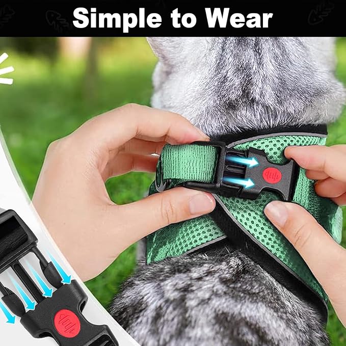 Cat Harness and Leash for Walking, Retractable Cat Harnesses and Leash Set Escape Proof, Breathable Soft Kitten Small Large Harness for Travel Training and Walking, Green, S