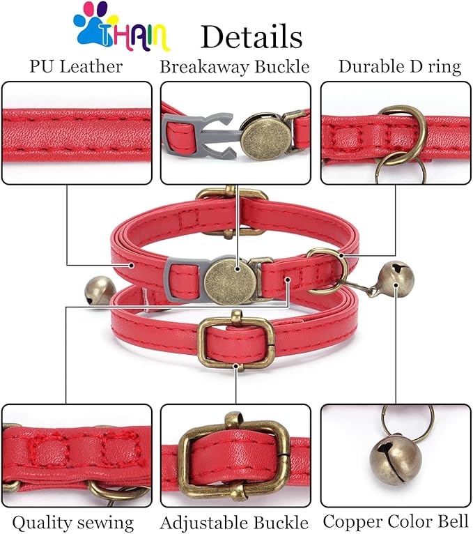 THAIN Leather Cat Collar with Bell Breakaway- Adjustable, Durable, Retro Bell fit Most Cats and Kittens (Pink)