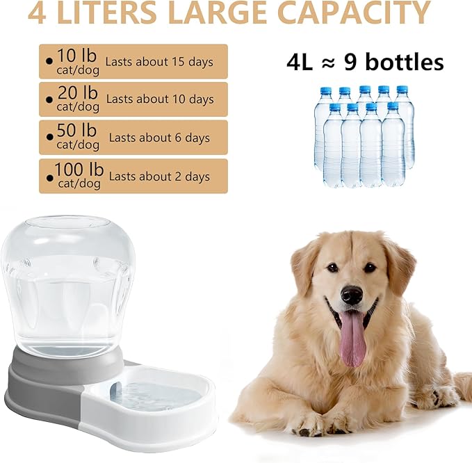 1 Gallon Automatic Dog Water Dispenser, Large Capacity Gravity Pet Water Bowl for Multiple Pets, BPA-Free Cat Water Feeder for Large Dogs, Refill Less Often, Grey
