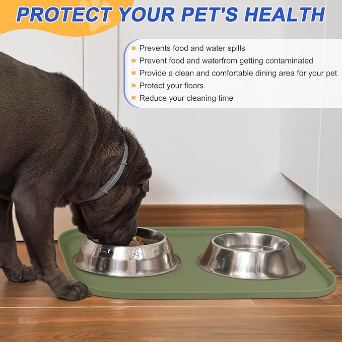 Silicone Pet Feeding Mat with Raised Edge for Food and Water, Dog Bowl Mats, Cat Bowls Placemat with High Lip for Floor Waterproof, Rubber Tray for Cats and Dogs 19 x 12 x0.7 Light Olive Green