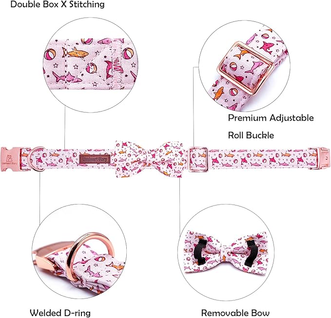 Lionheart glory Dog Collar Shark Print Dogs Bow Collar Adjustable Soft Pink Dog Collars Male or Female Summer Spring Collars with Bowtie for Small Dogs