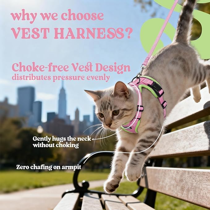 rabbitgoo Cat Harness and Leash for Walking, Escape Proof Soft Adjustable Vest Harnesses for Cats, Easy Control Breathable Reflective Strips Jacket, Pink&Light Green, XS