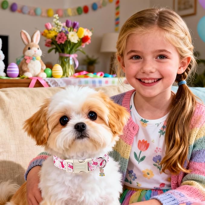 DOGWONG Easter Dog Collar, Cute Easter Pink Bunny Pet Collar Durable Holiday Girl Boy Adjustable Cotton Dog Collars for Medium Large Dogs,L Visit The Elegant Little Tail Store