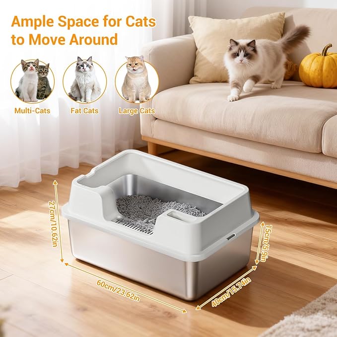 Stainless Steel Litter Box, XL Enclosed Cat Litter Boxes with Lid for Big Cats and Multi-Cats, High Sided, Anti-Urine Leakage Non-Stick Bottom Include Scoop Easy to Clean