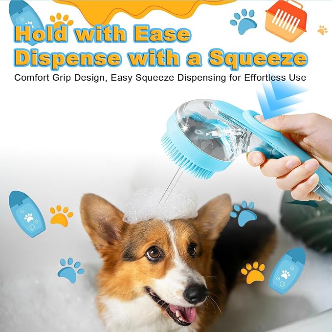3Pcs Dog Bath Brush, Dog Scrubber for Bath, Dog Shampoo Brush Bubble Maker, Dog Paw Washer, dog grooming Massage Brush with Adjustable Ring Handle, dog accessories for Short & Long Hair -Blue