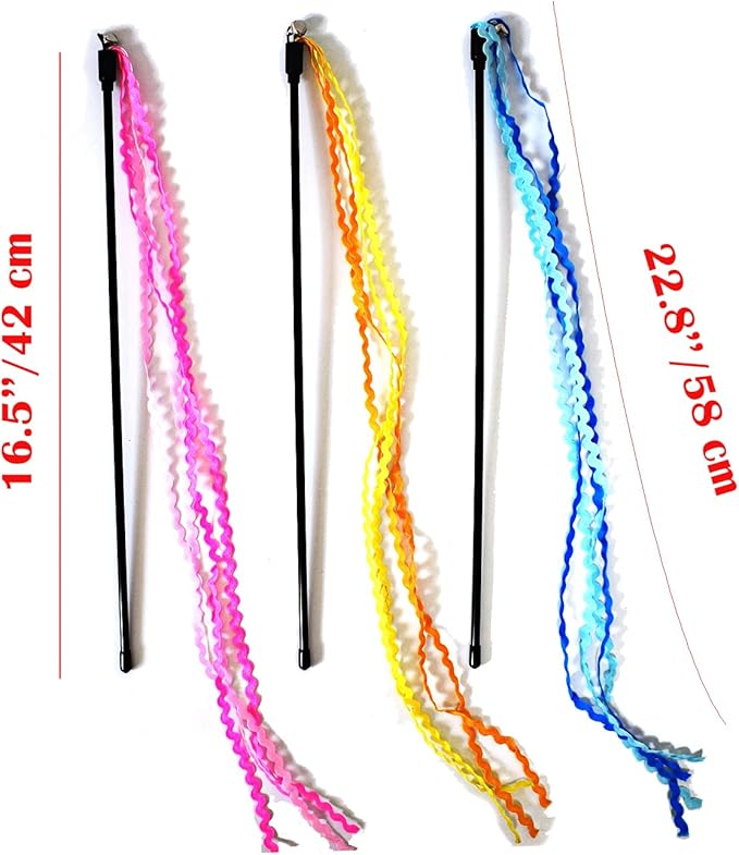String Cat Toys - 3 colorful ribbon cat wands for fun interactive play