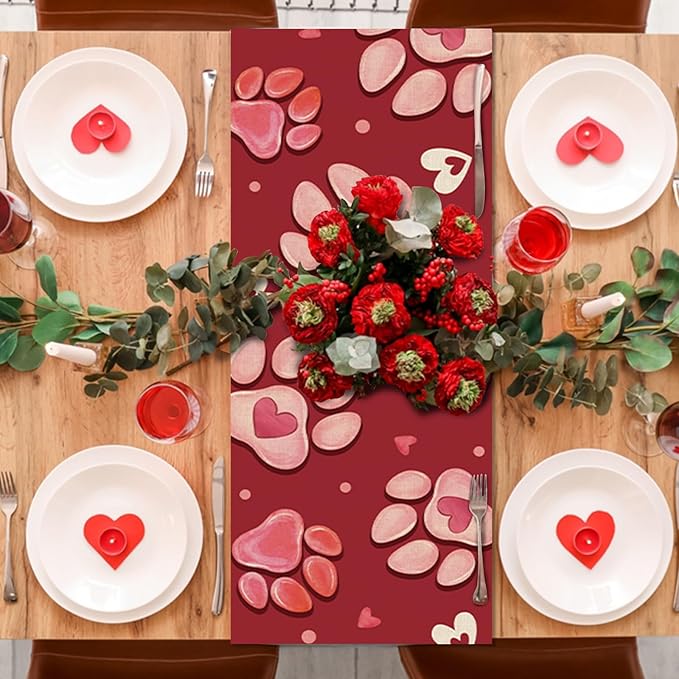 Valentines Day Dog Cat Paw Prints Table Runner, Red Love Hearts Kitchen Dining Table Decoration Pet Lover Gift, Anniversary Wedding Burlap Indoor Outdoor Home Decor Party Supply 13 x 90 Inches