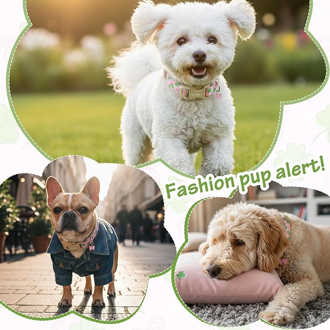 St. Patrick's Day Dog Collar,Pink Bow with Green Clover Puppy Collar,Adjustable Spring Cotton Collars Gifts for Small Medium Large Dogs,Dog Accessories M
