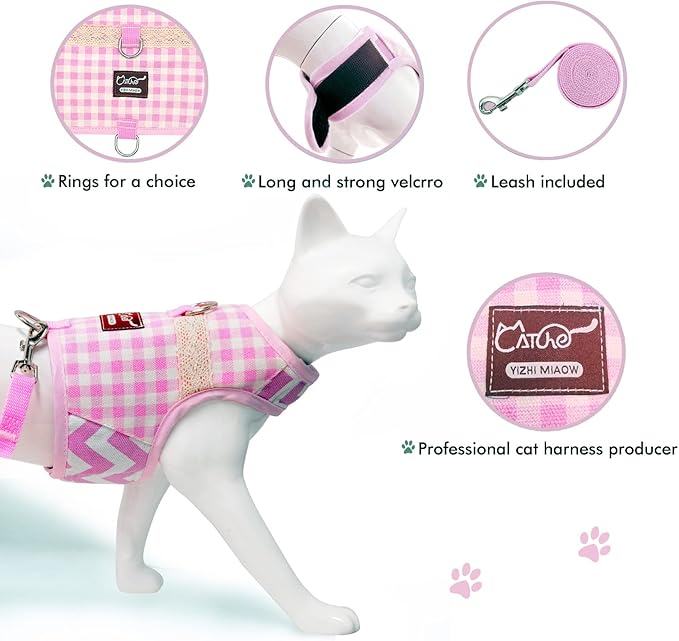 Cat Harness and Leash for Walking Escape Proof, Adjustable Cat Vest Harness, Padded Stylish Cat Walking Jackets, Pink Plaid, XX-Large