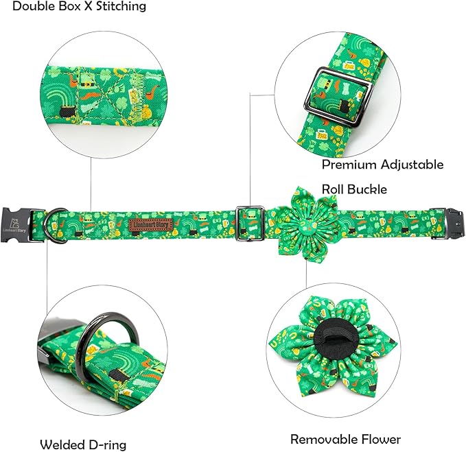 Lionheart glory St. Patrick's Day Dog Collar with Flower Dog Collars for X-Large Dogs,Heavy Duty Green Collars Bows Lucky Clover Shamrock Pet Collar Flower Puppy