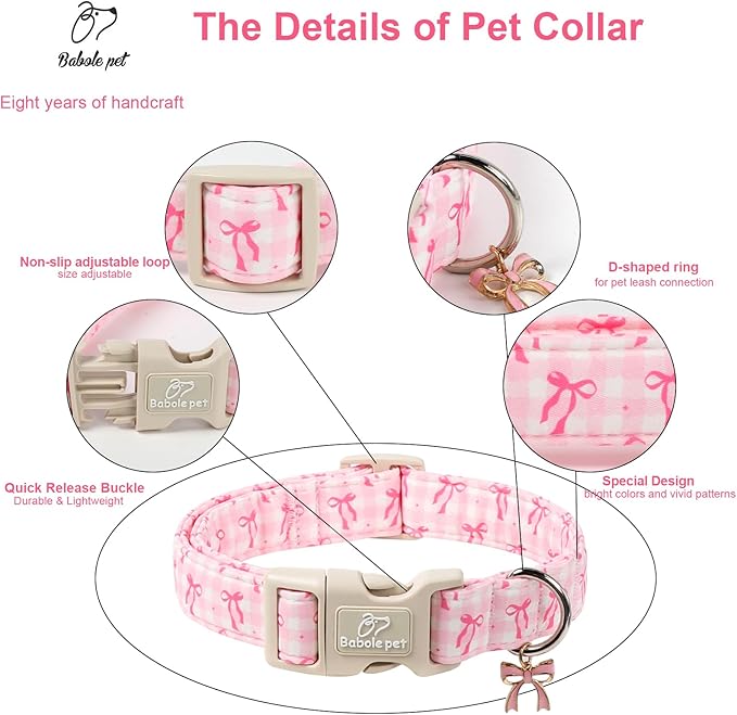 Girl Dog Collar for Medium Dogs - Cute Pink Plaid & Bow Print Spring/Summer Puppy Collar, Soft Adjustable Holiday Female Dog Collars with Quick Release Buckle M