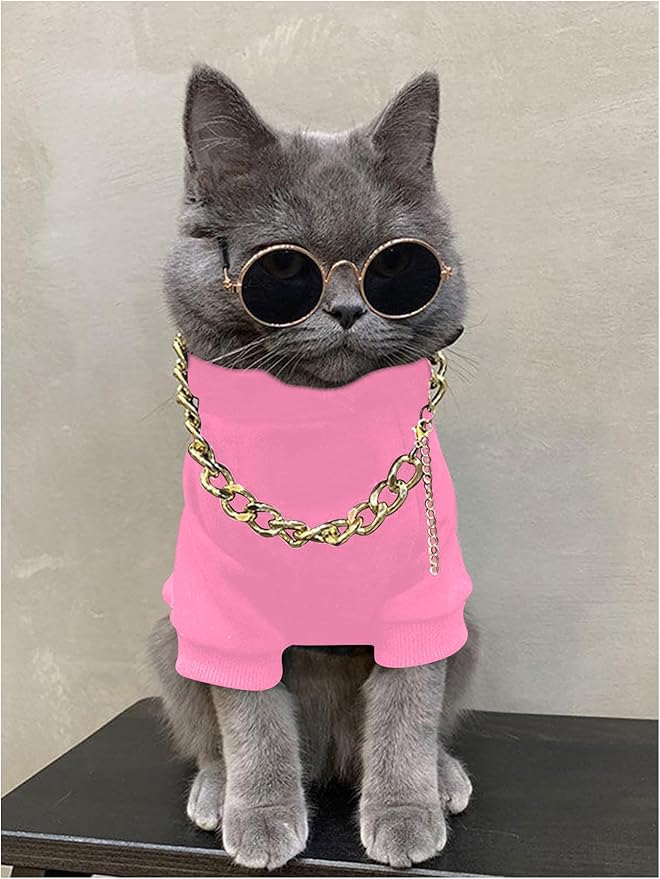QWINEE 3Pcs Dog Hoodie Cat Apparel Dog Custume Set with Necklace and Sunglasses Pet Clothes for Puppy Small Medium Dogs Cats Light Pink Large